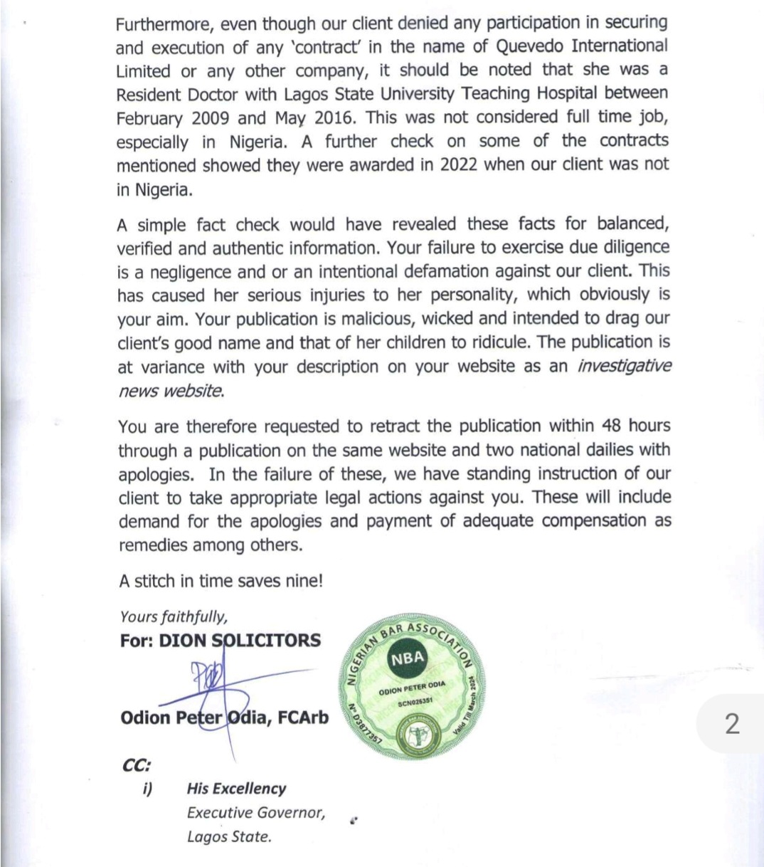 Lawyers of LUTH doctor, Franscisca Egube write Nigerian website over